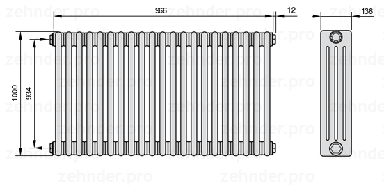 Схема (чертеж) Радиатор Zehnder Charleston 4100/21 №1270 Белый глянцевый RAL 9016